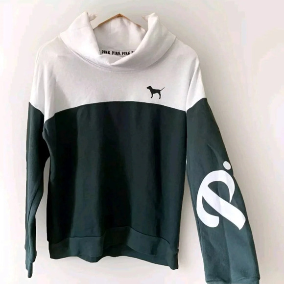 PINK Victoria's Secret Tops - Victoria's secret pink cowl neck arm spellout Forest green/white sweater M